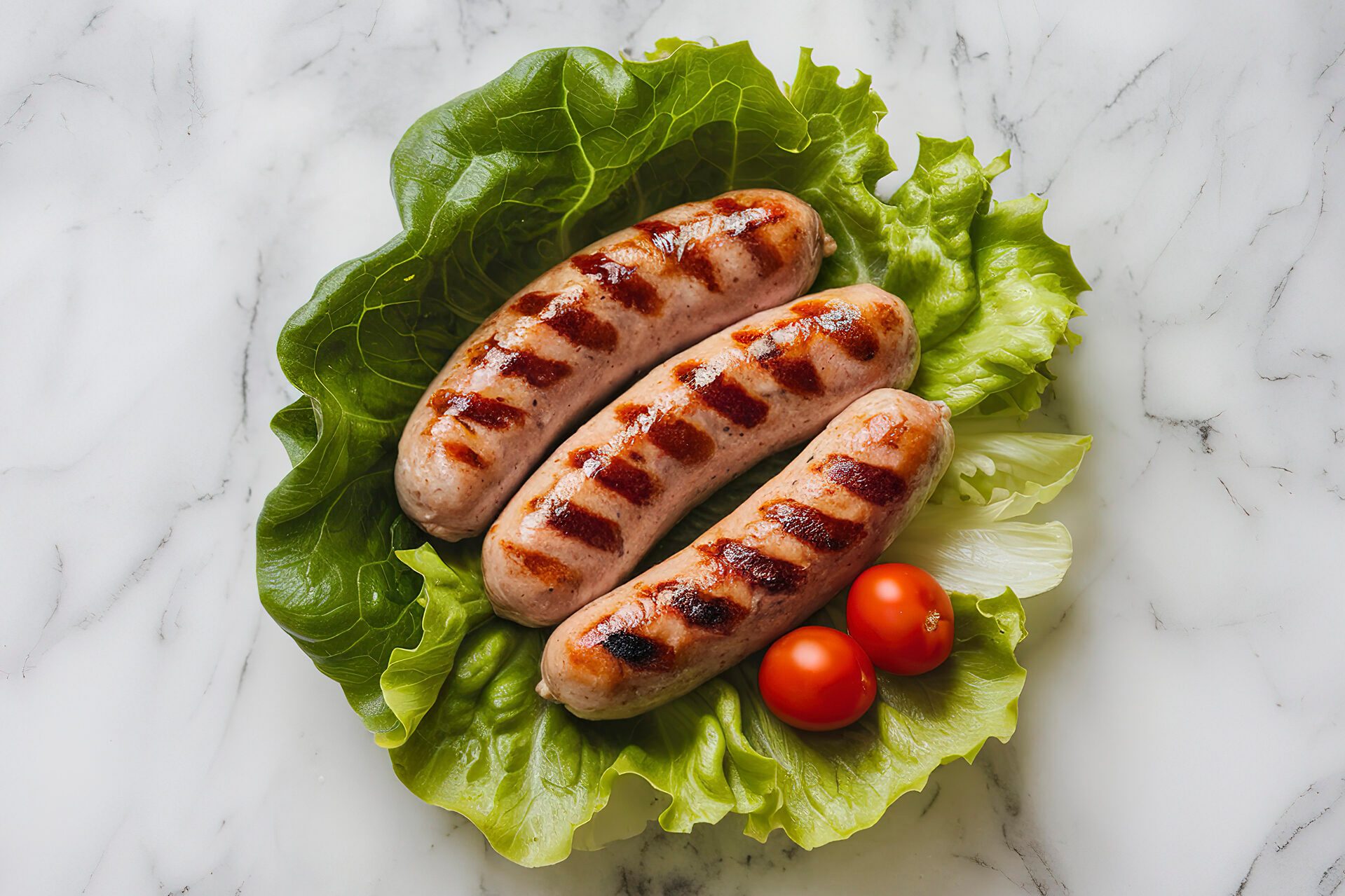 A photo of grilled sausages on lettuce leaves